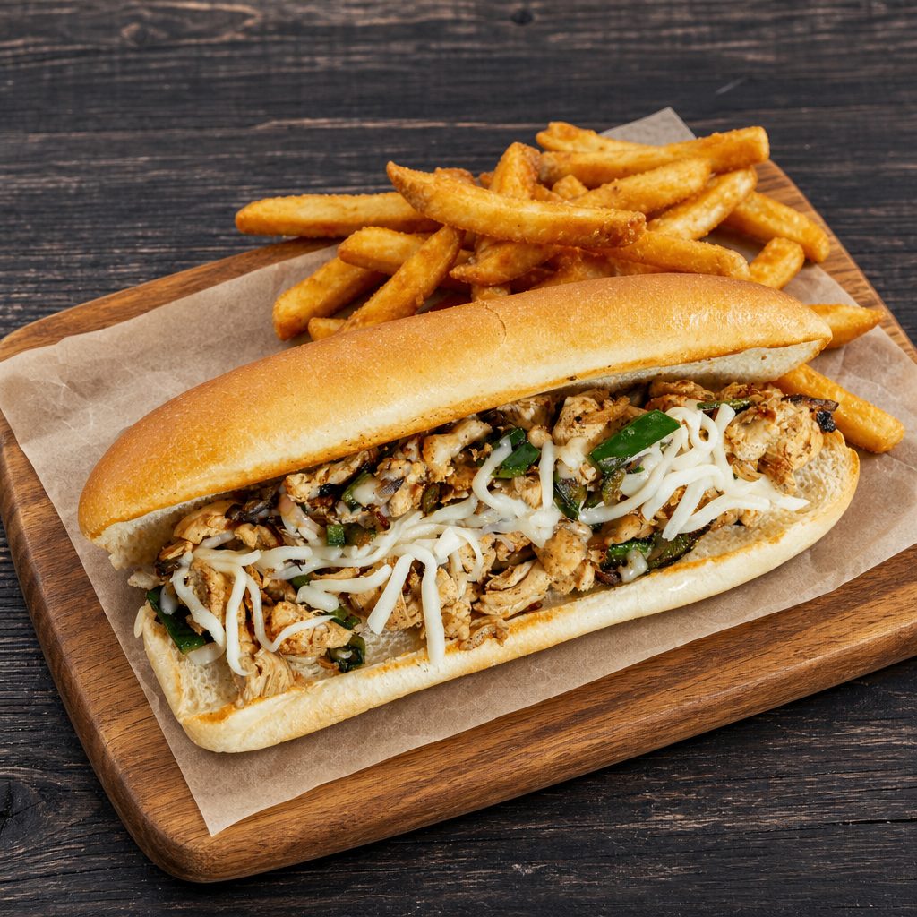 Chicken Philly sub with fries.