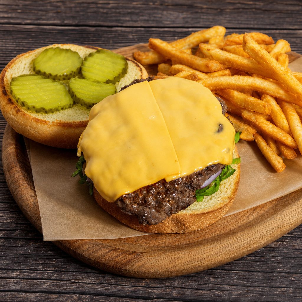 Classic crave cheeseburger with fries.